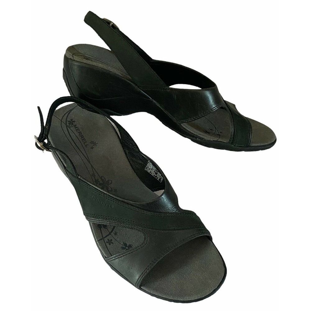 Merrell Primrose Black Womens Leather Wedge Slingback Sandals Vibram Soles Sz 8